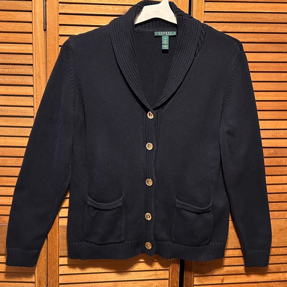 Lauren Ralph Lauren Navy Blue Shawl Collar Cardigan with Gold Signature …